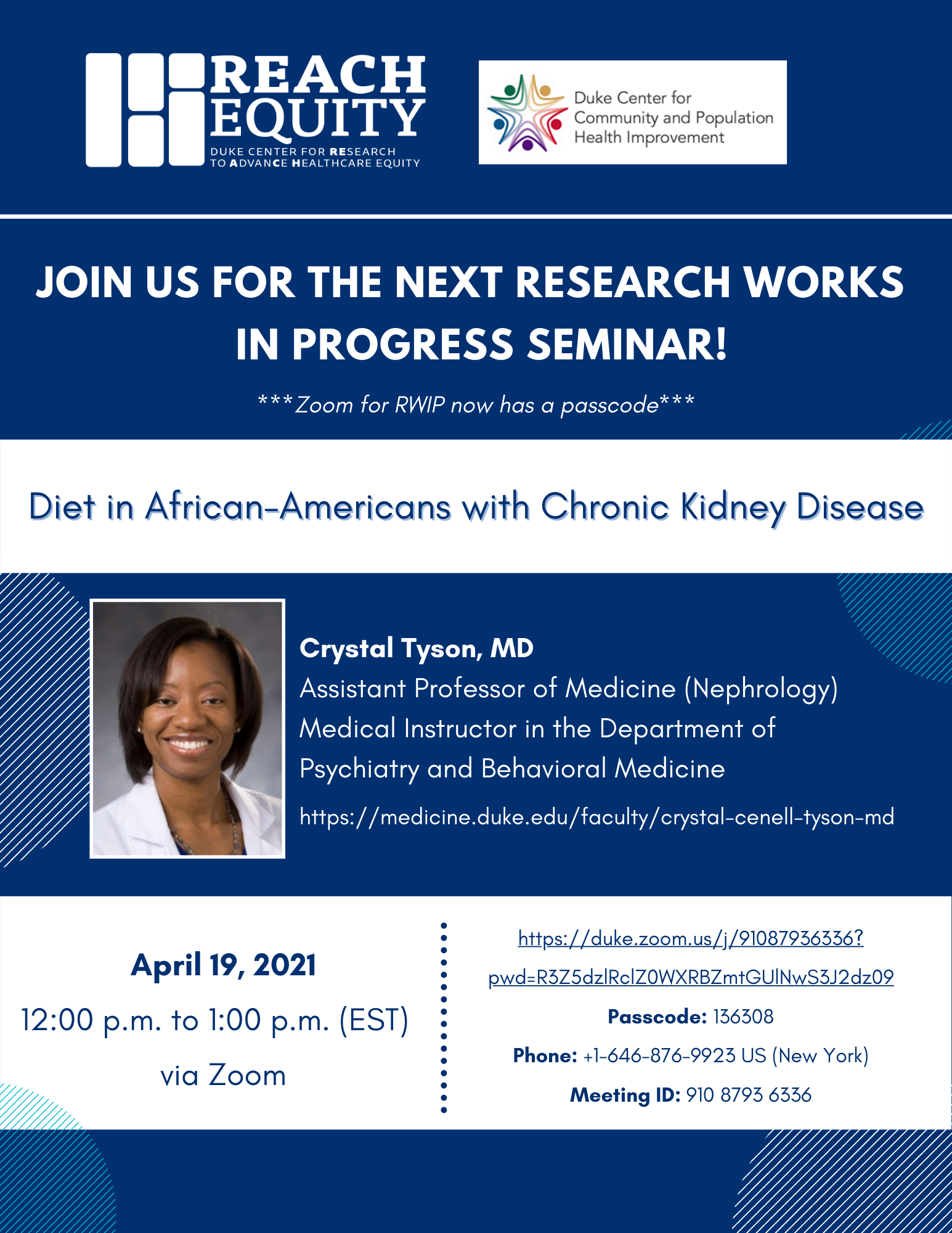 Dr. Crystal Tyson presents Diet in African-Americans with Chronic Kidney Disease at Health Disparities Research Works in Progress