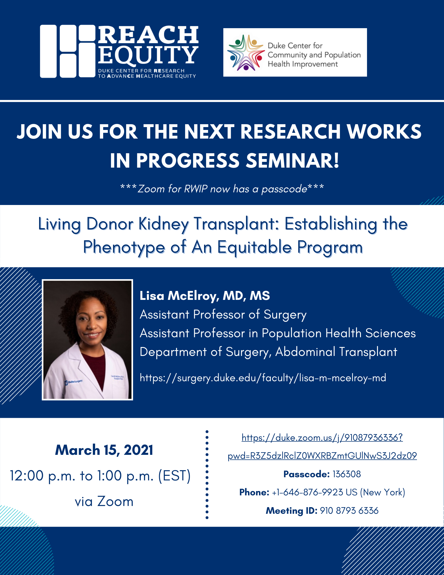 Dr. Lisa McElroy Presents @ RWIP: Living Donor Kidney Transplant: Establishing the Phenotype of An Equitable Program